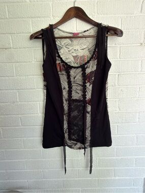 Save The Queen Black Lace-Trim Tank with Rust Leaf Print